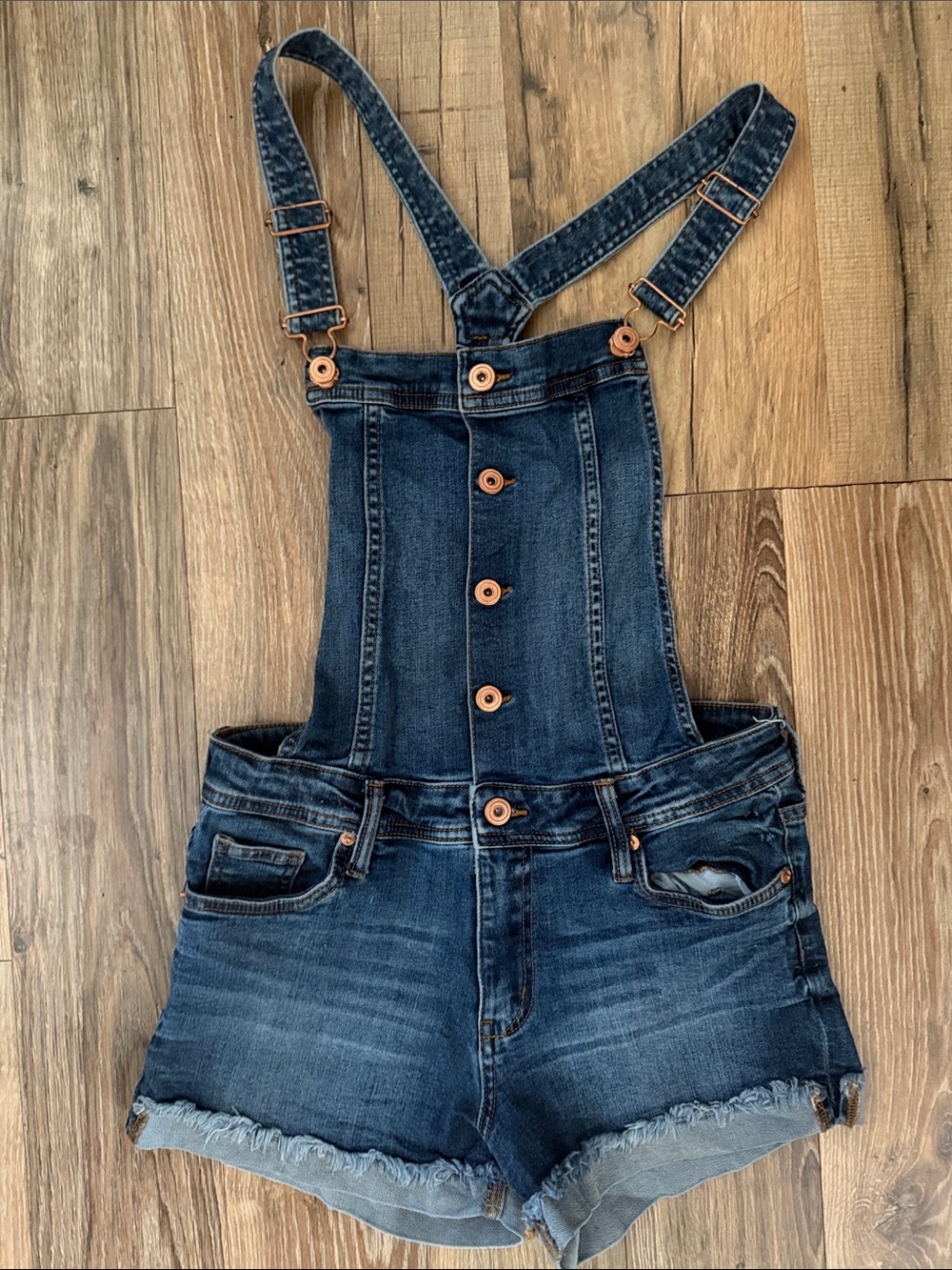 Dark Blue Denim Short Overalls with Button-Front Bib